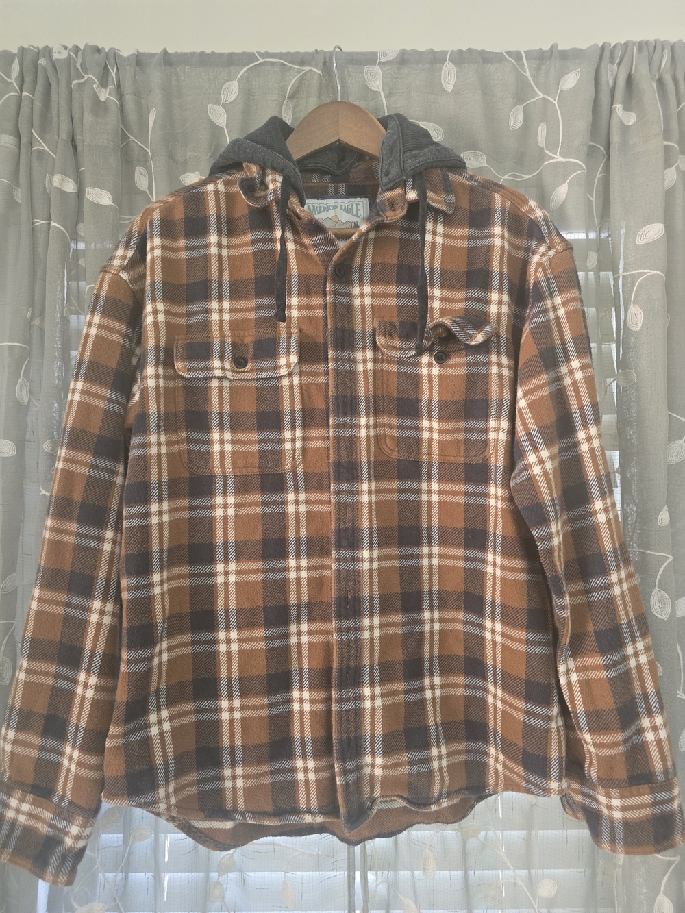 American Eagle Brown and Navy Plaid Hooded Flannel